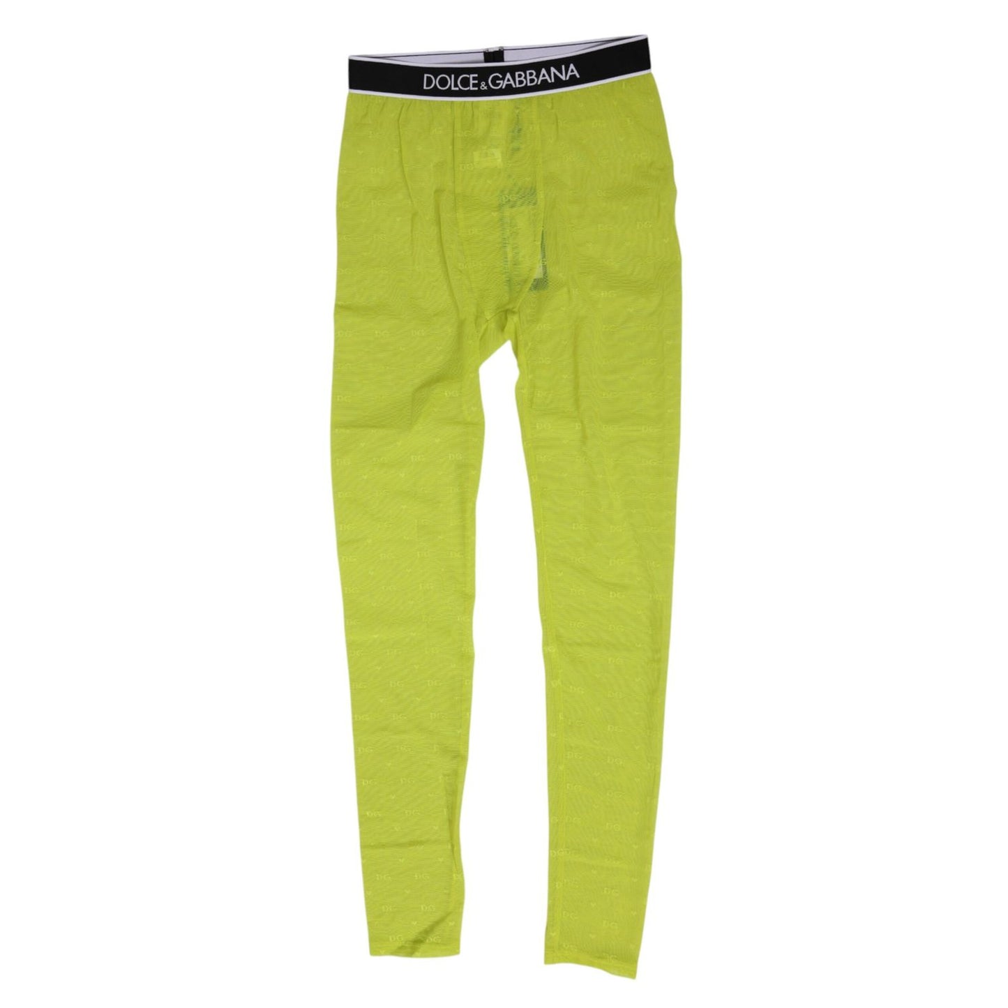 Dolce & Gabbana Neon Green Nylon Logo Lace Leggings Pants Underwear featuring lace pattern and DG logo waistband.
