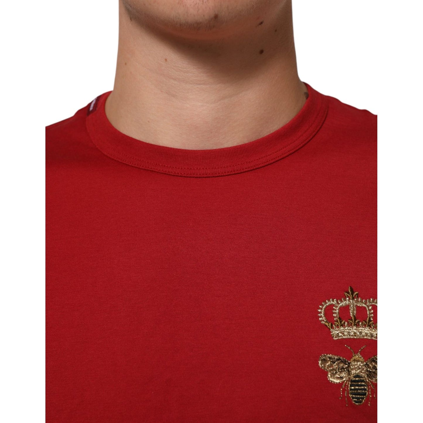 Dolce & Gabbana Red Crown Bee Cotton Short Sleeve T-shirt with iconic motif and crew neck design, shown in close-up detail.