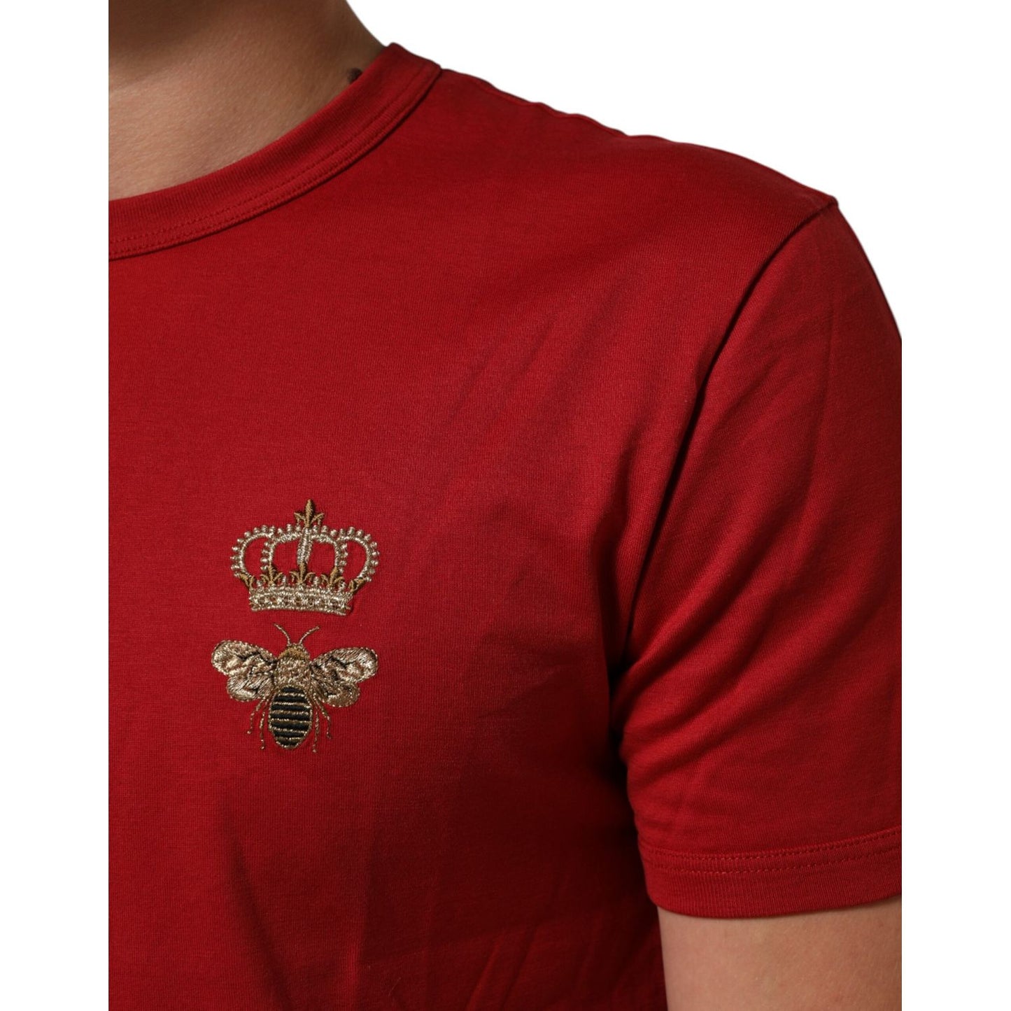 Dolce & Gabbana Red Crown Bee Cotton Short Sleeve T-shirt featuring gold embroidered motif on upper left chest.