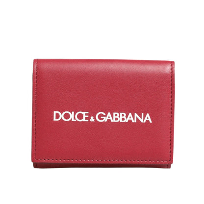 Dolce & Gabbana Red Leather Bold Logo Print Trifold Card Holder Wallet displayed on a white background.