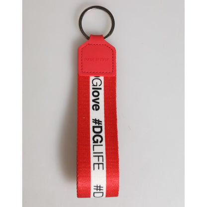 Dolce & Gabbana Red Logo Polyester Silver Brass Holder Keychain Men Keyring