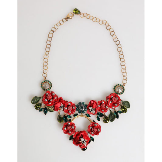 Dolce & Gabbana Red Rose Floral Crystal Embellished Statement Jewelry Necklace