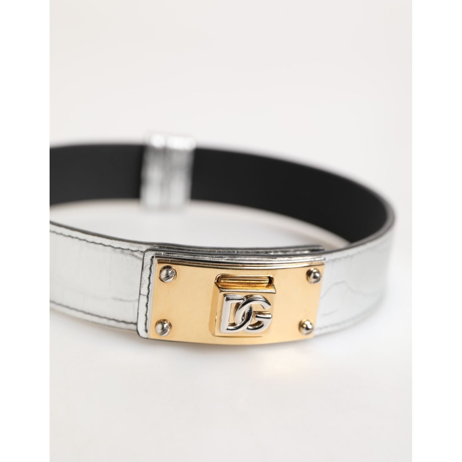 Dolce & Gabbana Silver Textured Leather Gold Tone Metal Neckband