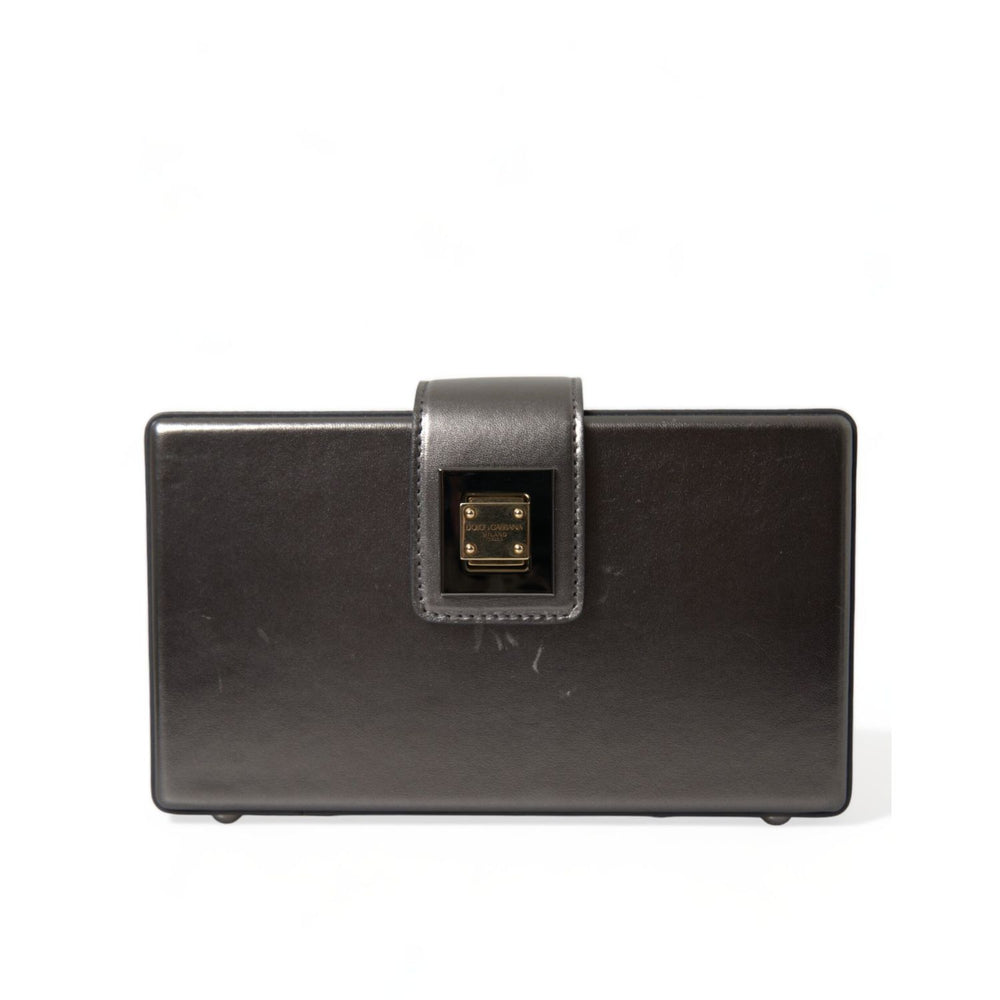 Dolce & Gabbana Steel Gray Leather Box Shape Shoulder Gold DG Logo Plaque Bag, front view