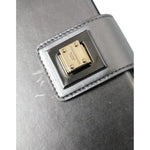 Dolce & Gabbana Steel Gray Leather Box Shape Shoulder Gold DG Logo Plaque Bag close-up of logo and clasp.