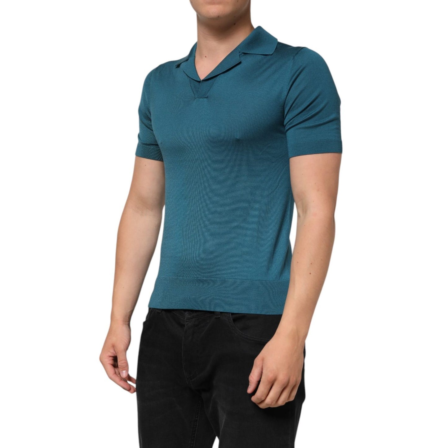 Dolce & Gabbana Teal Blue Silk Collar Short Sleeve Polo T-shirt on male model, showcasing sleek Johnny collar and regular fit, made in Italy.
