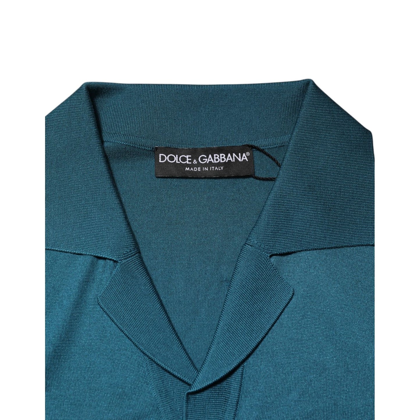 Dolce & Gabbana Teal Blue Silk Collar Short Sleeve Polo T-shirt showing label and Johnny collar details.