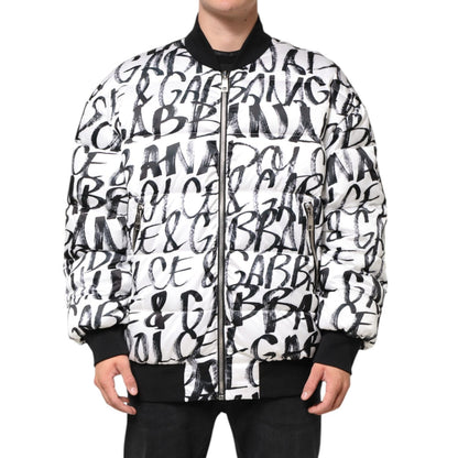 Dolce & Gabbana White Black Graffiti Logo Puffer Bomber Jacket