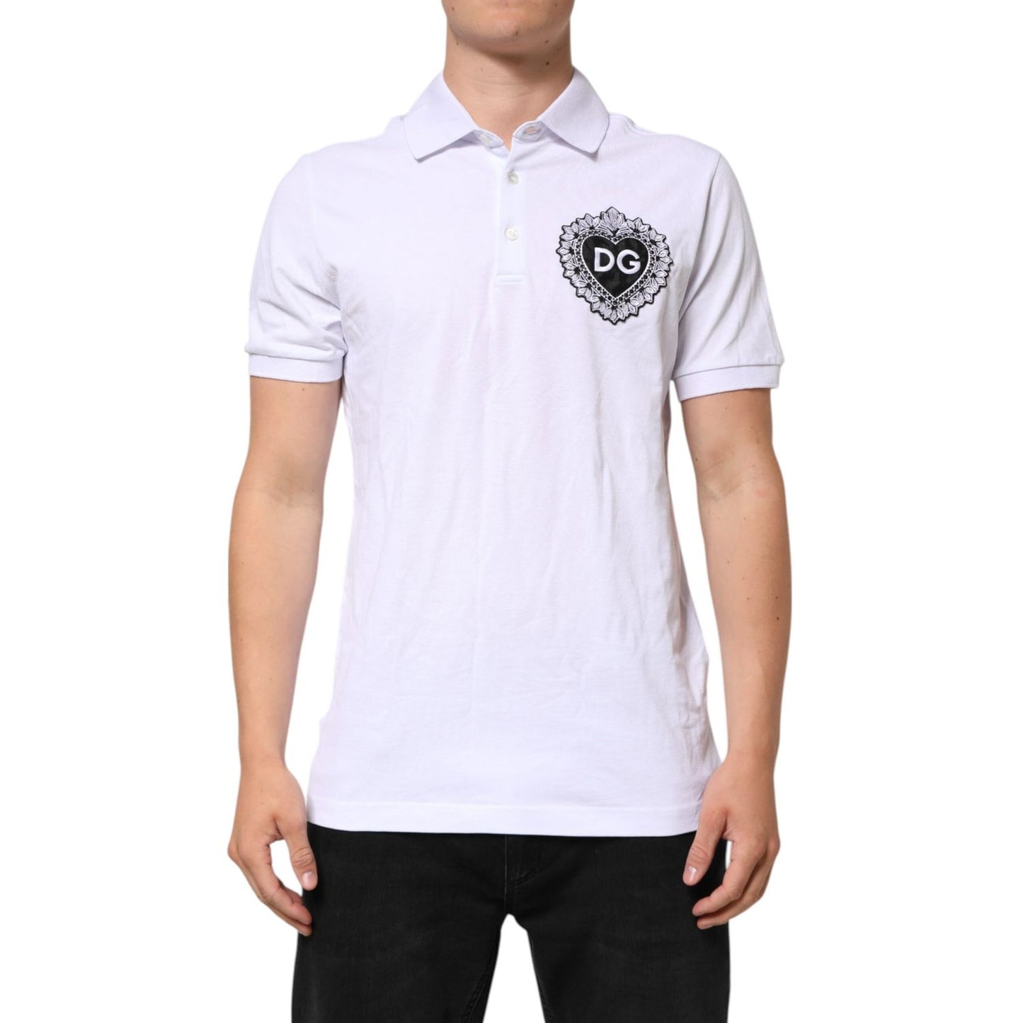 Dolce & Gabbana White Cotton DG Heart Logo Embroider T-shirt featuring embroidered heart logo, short sleeves, and polo collar.