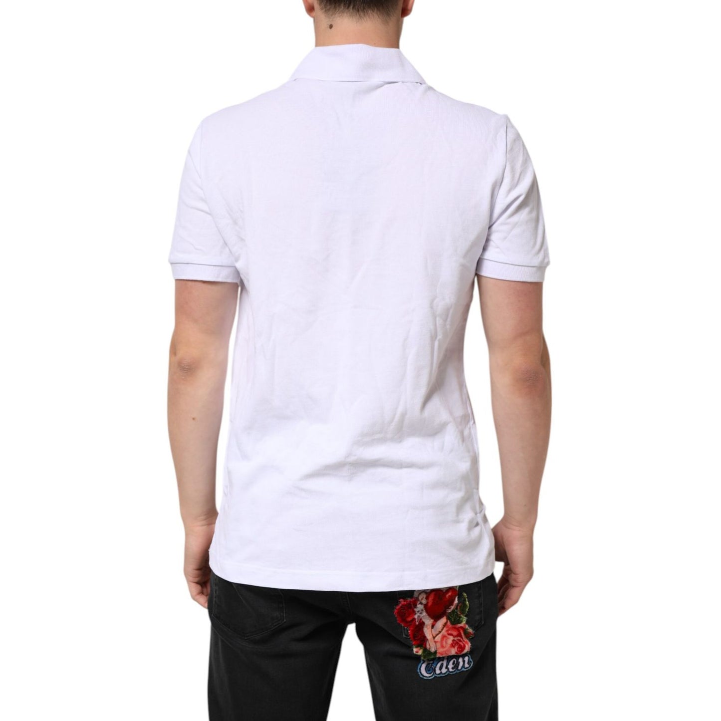 Back view of Dolce & Gabbana White Cotton DG Heart Logo Embroider T-shirt on a man, showcasing the classic polo collar and short sleeves.