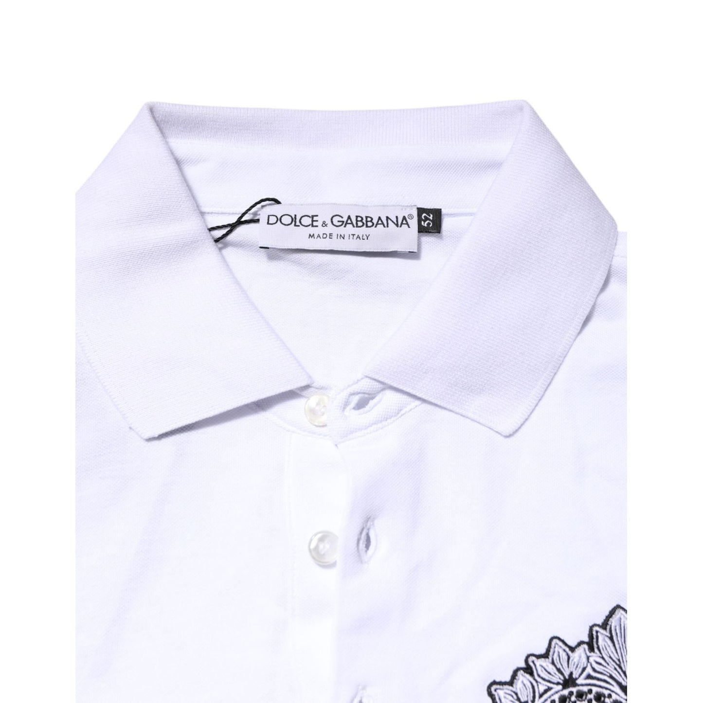 Dolce & Gabbana White Cotton DG Heart Logo Embroider T-shirt with polo collar and embroidered chest logo.