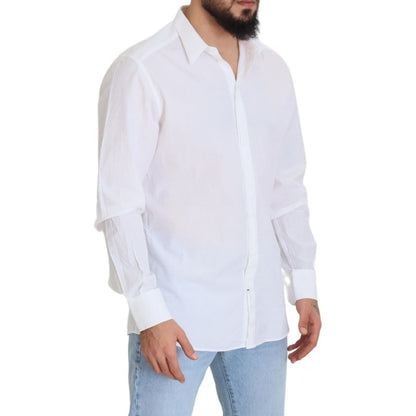 Man wearing Dolce & Gabbana White Cotton Slim Fit Formal Dress GOLD Shirt with blue jeans