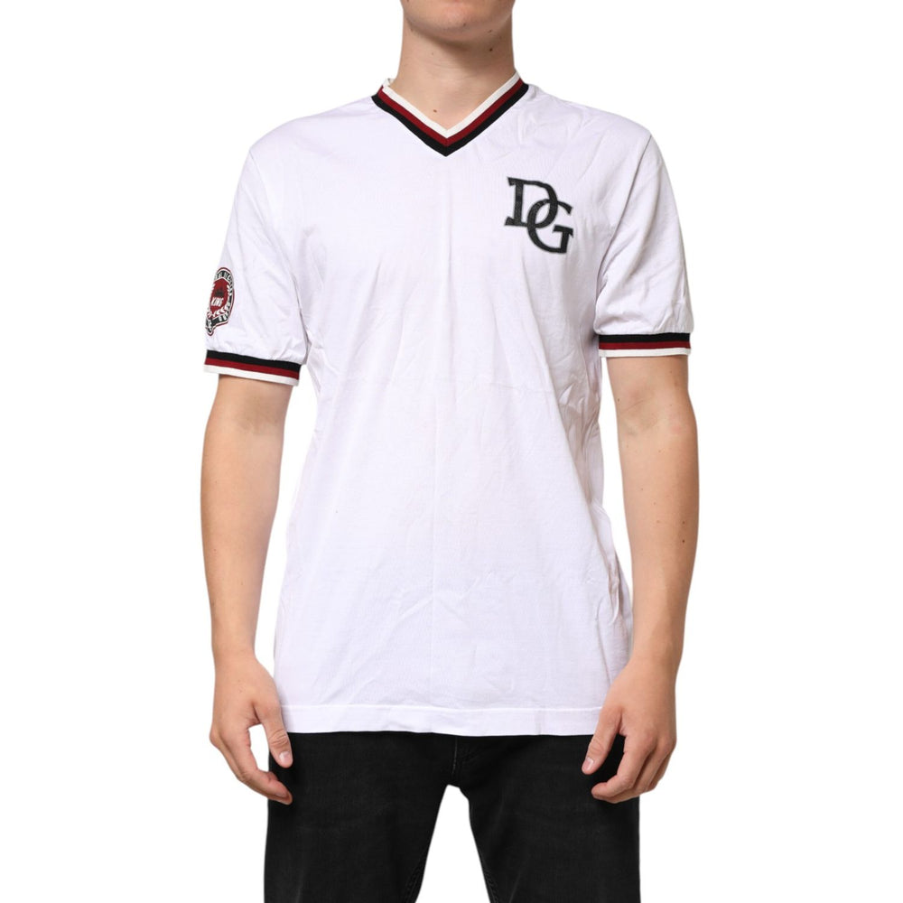 Dolce & Gabbana White #DGMillennials King Crown V-neck T-shirt on model, featuring embroidered logo, classic design, made in Italy.