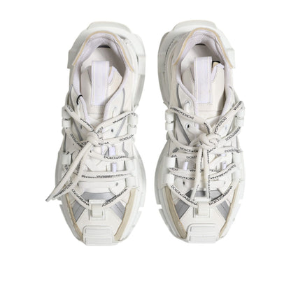 Dolce & Gabbana White Gray Low Top Space Sneakers Shoes made of polyester and lamb leather with rubber sole, lace-up closure, logo details.