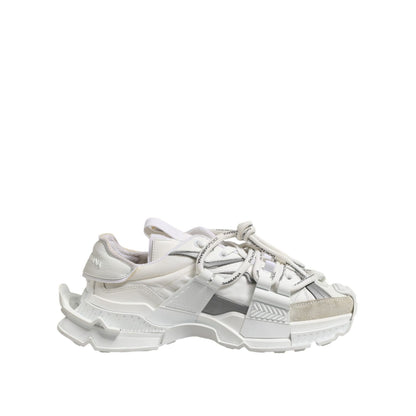 Dolce & Gabbana White Gray Low Top Space Sneakers Shoes with rubber sole and lace-up closure, made of polyester and lamb leather.