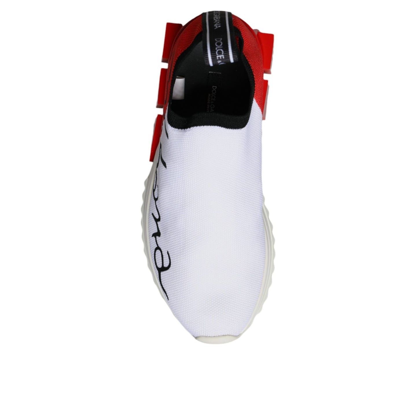 Top view of Dolce & Gabbana White Red Low Top Sorrento Men Sneakers Shoes showing logo and design details.