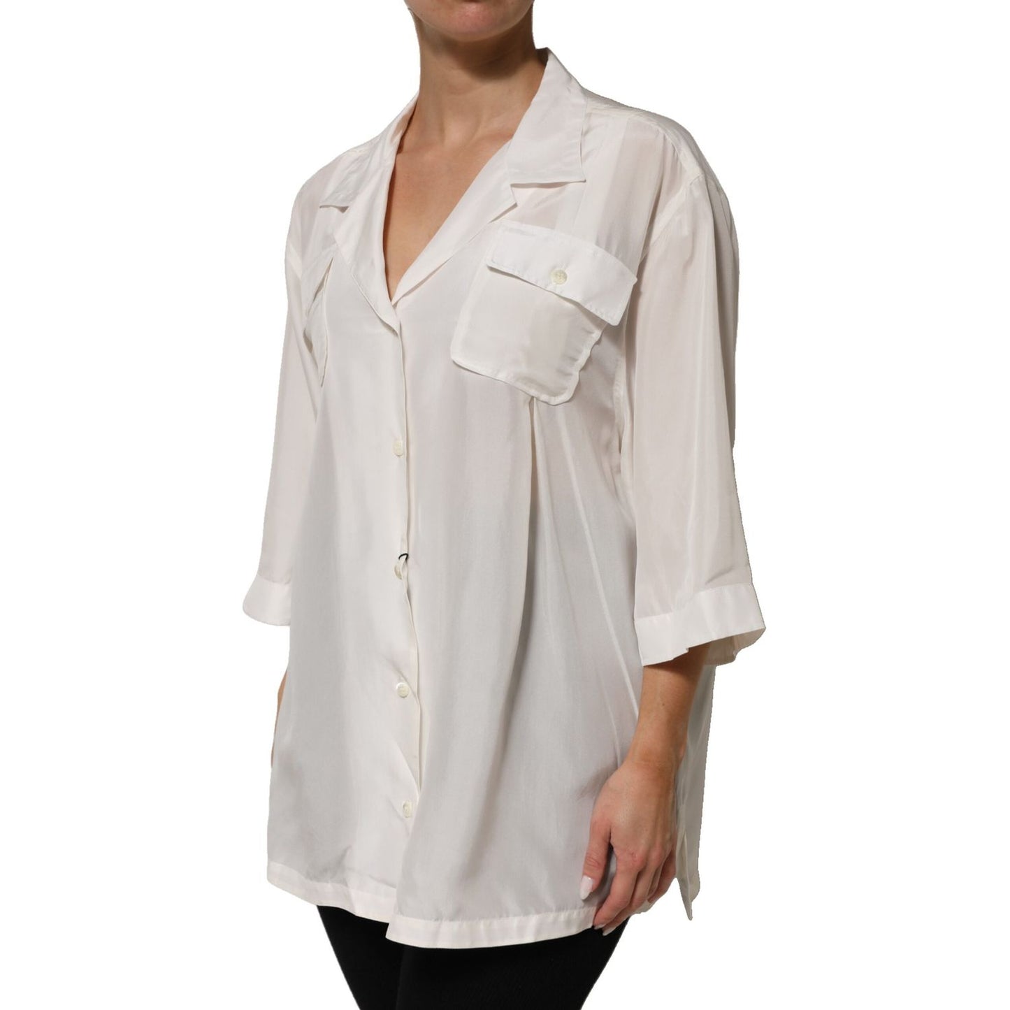 Dolce & Gabbana White Silk Collared 3/4 Sleeves Blouse Top