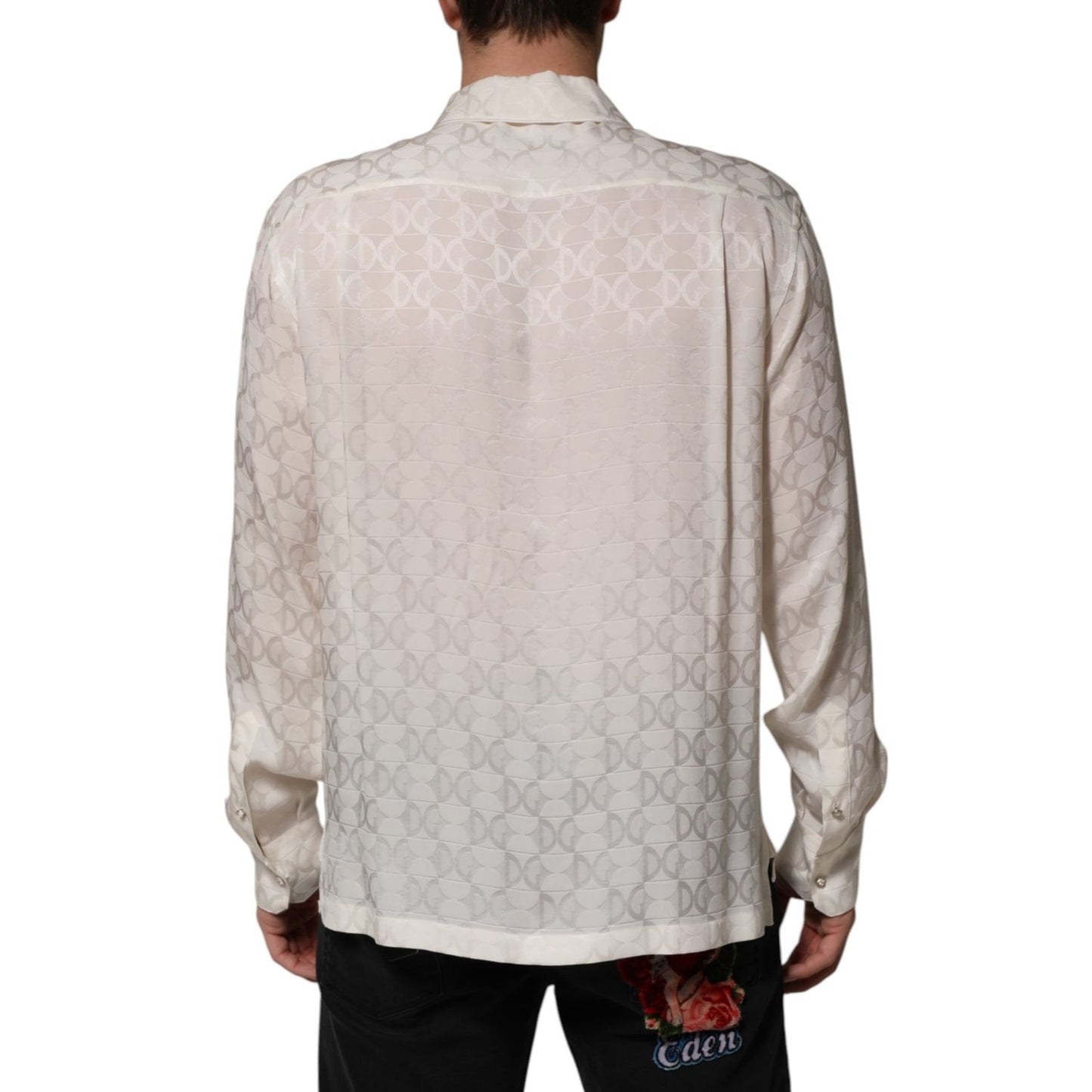 Dolce & Gabbana White Silk DG Logo Print Long Sleeves Shirt
