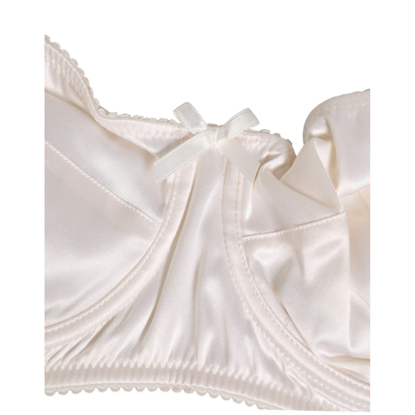 Dolce & Gabbana White Silk Satin Balconnet Lingerie Bra Underwear with bow accent, close-up of luxurious Italian craftsmanship.