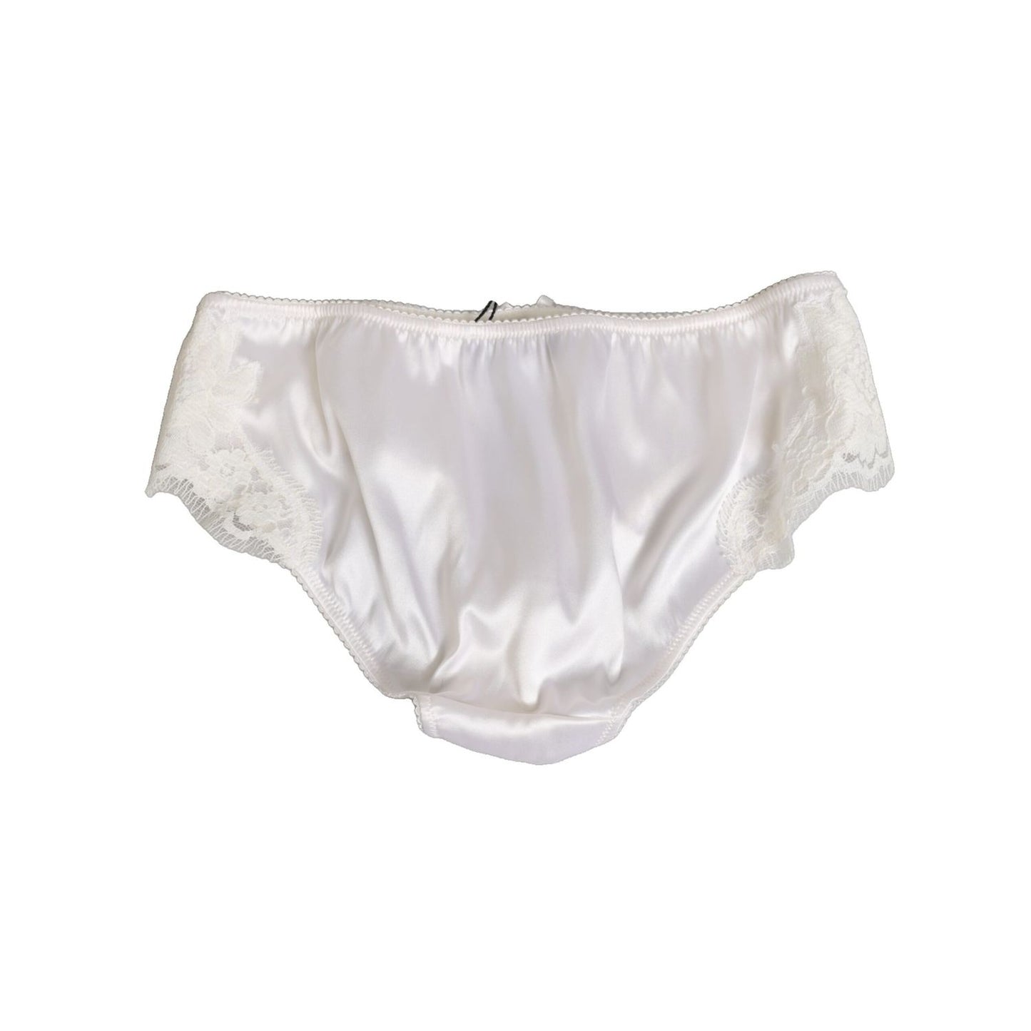 Dolce & Gabbana White Silk Satin Floral Lace Panty Brief Underwear with lace trim, elegant and luxurious design, crafted in Italy.