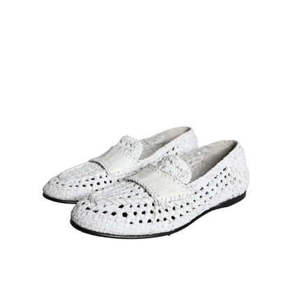 Dolce & Gabbana White Woven Leather Slip On Loafers Men Shoes, preowned but 100% authentic with tags, featuring exquisite craftsmanship.