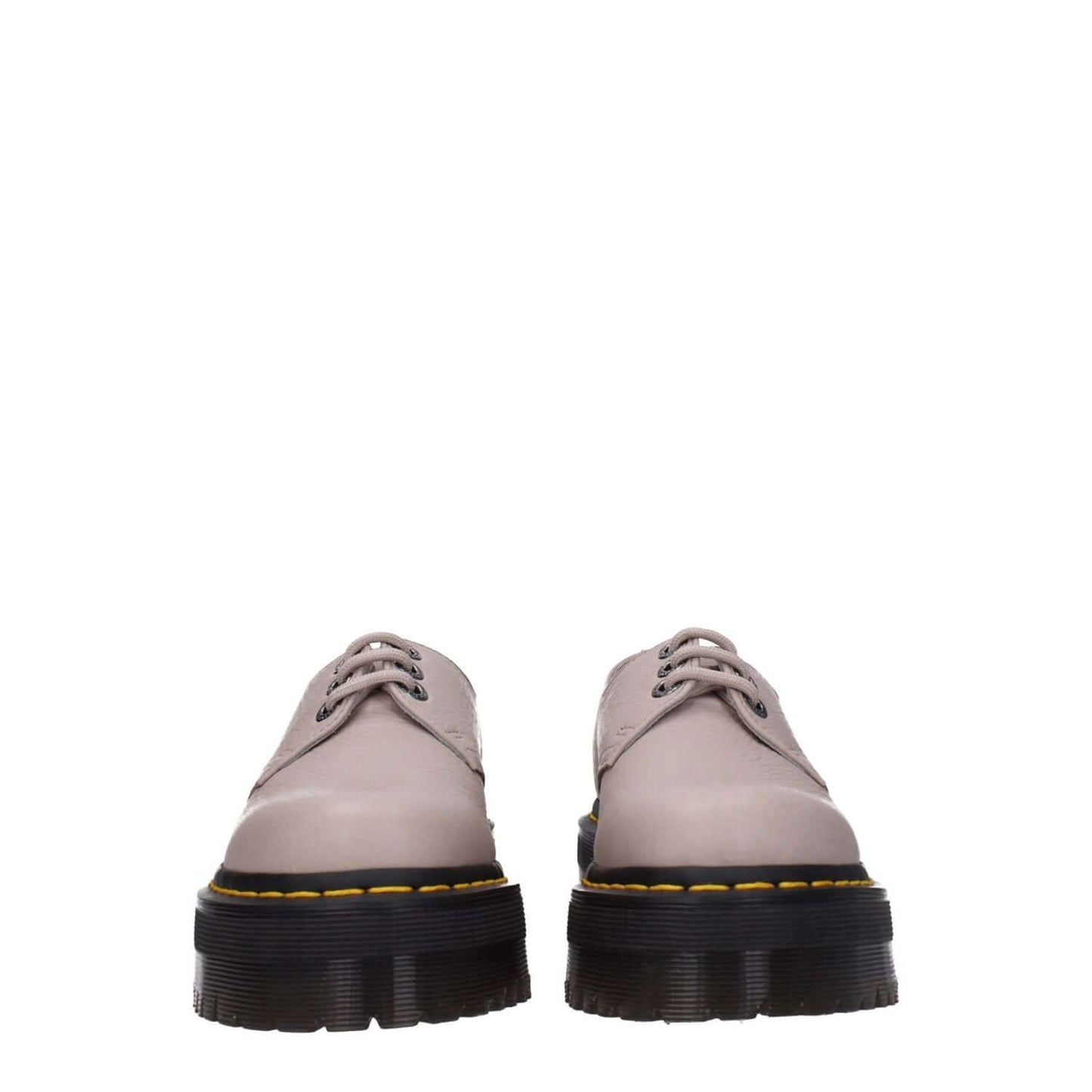 Dr. Martens Gray Leather Oxfords And Derbies with lace up closure, rubber sole, mid heels, round toe, and taupe accents.