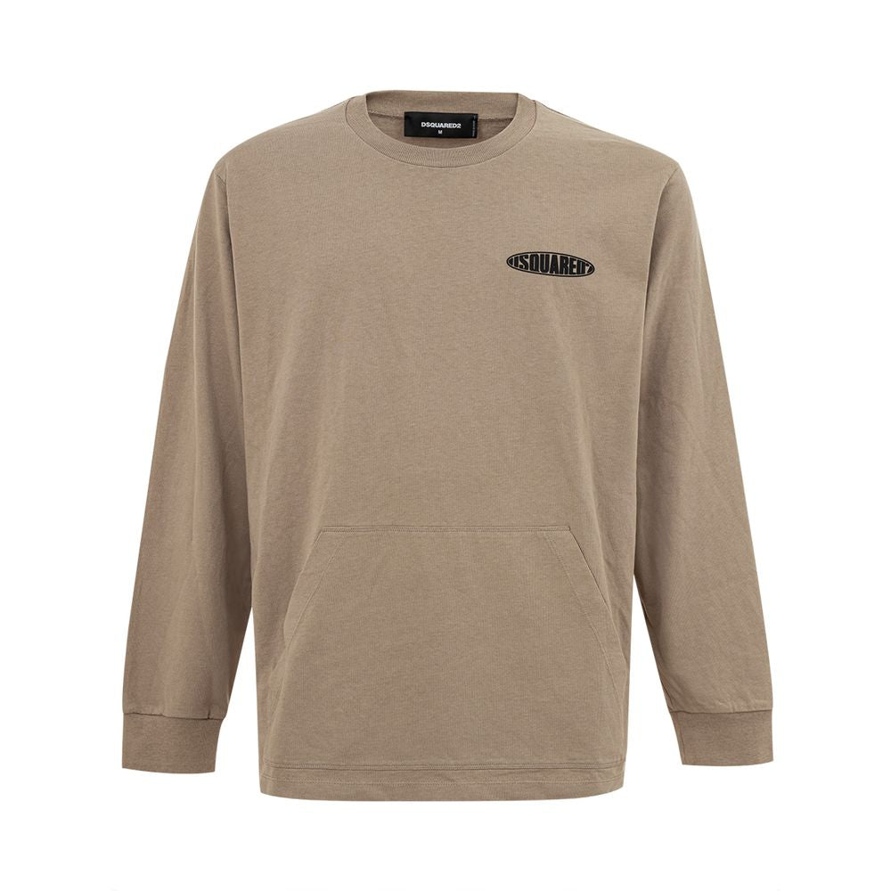 Dsquared² Beige Cotton T-Shirt with logo, crew neck, long sleeves, maxi front pocket, side slits, over fit, 100% cotton, SKU 24MG03.
