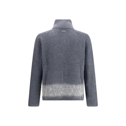 Dsquared² Gray Wool Cardigan with ribbed knit, high collar, and mohair band, featuring sporty design and double-slider front zipper closure.
