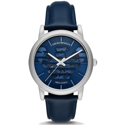 EMPORIO ARMANI MECCANICO Mod. LUIGI Automatic wristwatch with blue leather strap, stainless steel case, and mineral dial.