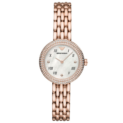 EMPORIO ARMANI MOD. AR11355 ladies wristwatch with SS IP rose gold strap, quartz movement, and mother of pearl dial.