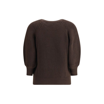 Back view of Ella Brown Merino Wool Sweatshirt, a chunky knit with ribbed crewneck and cuffs, perfect for cold weather.