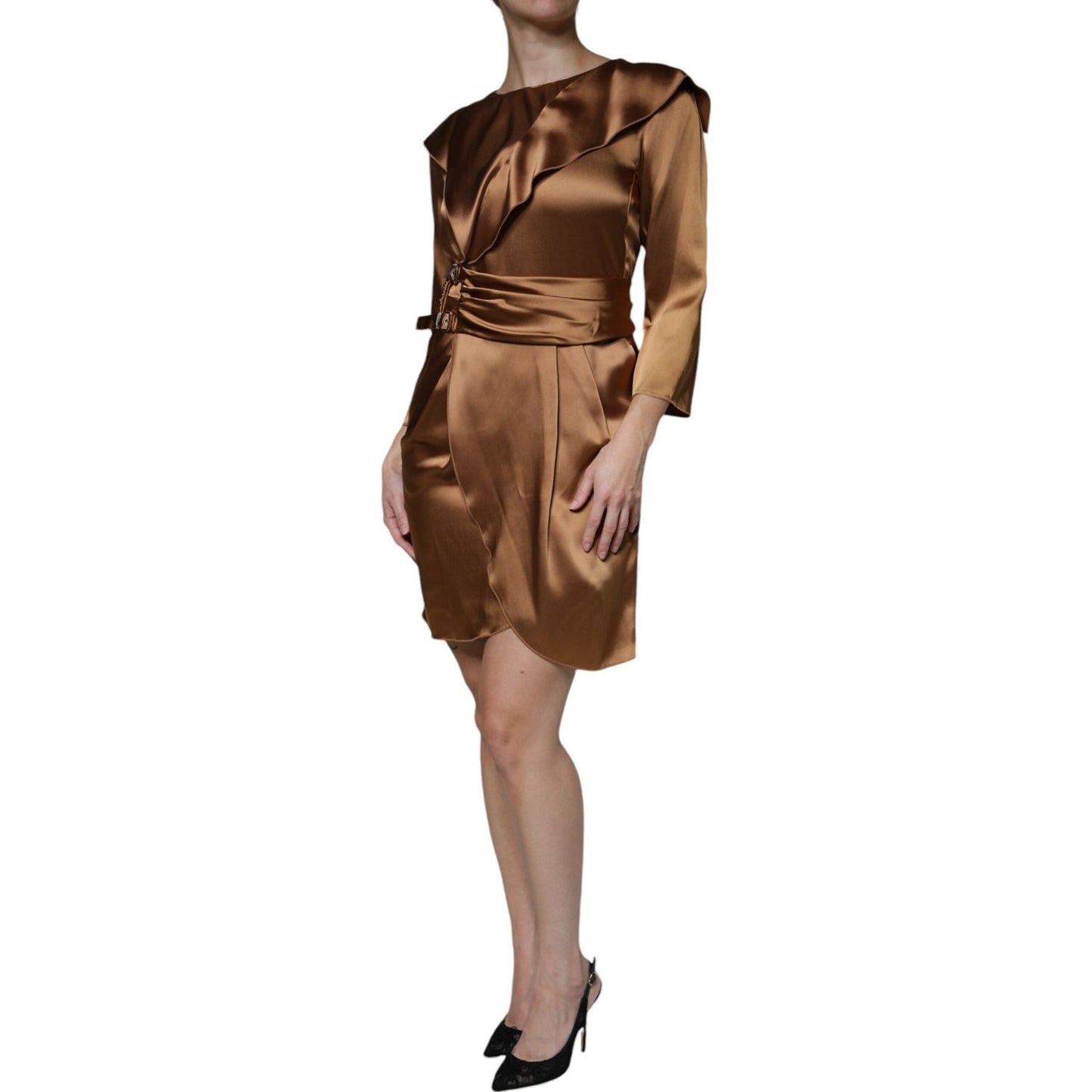 Emporio Armani Brown Satin Long Sleeves Wrap Sheath Mini Dress DR81467-40