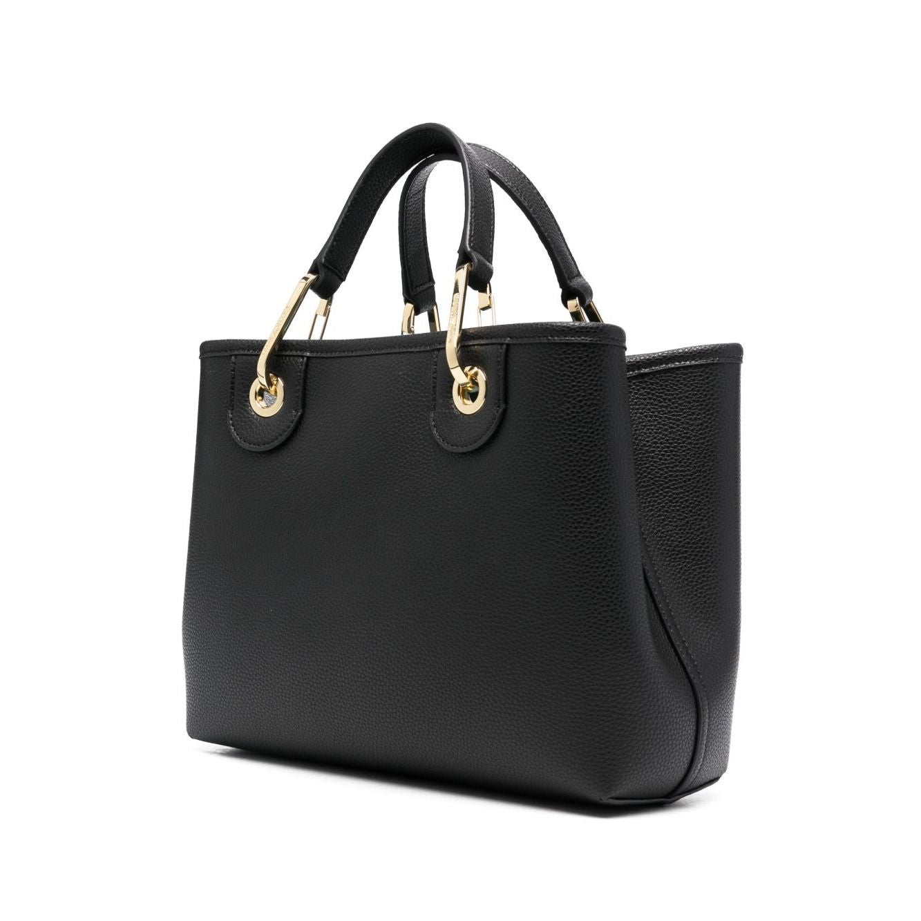 Emporio Armani MyEA small shopping bag in black faux leather with gold-tone hardware, grained texture, and adjustable strap.