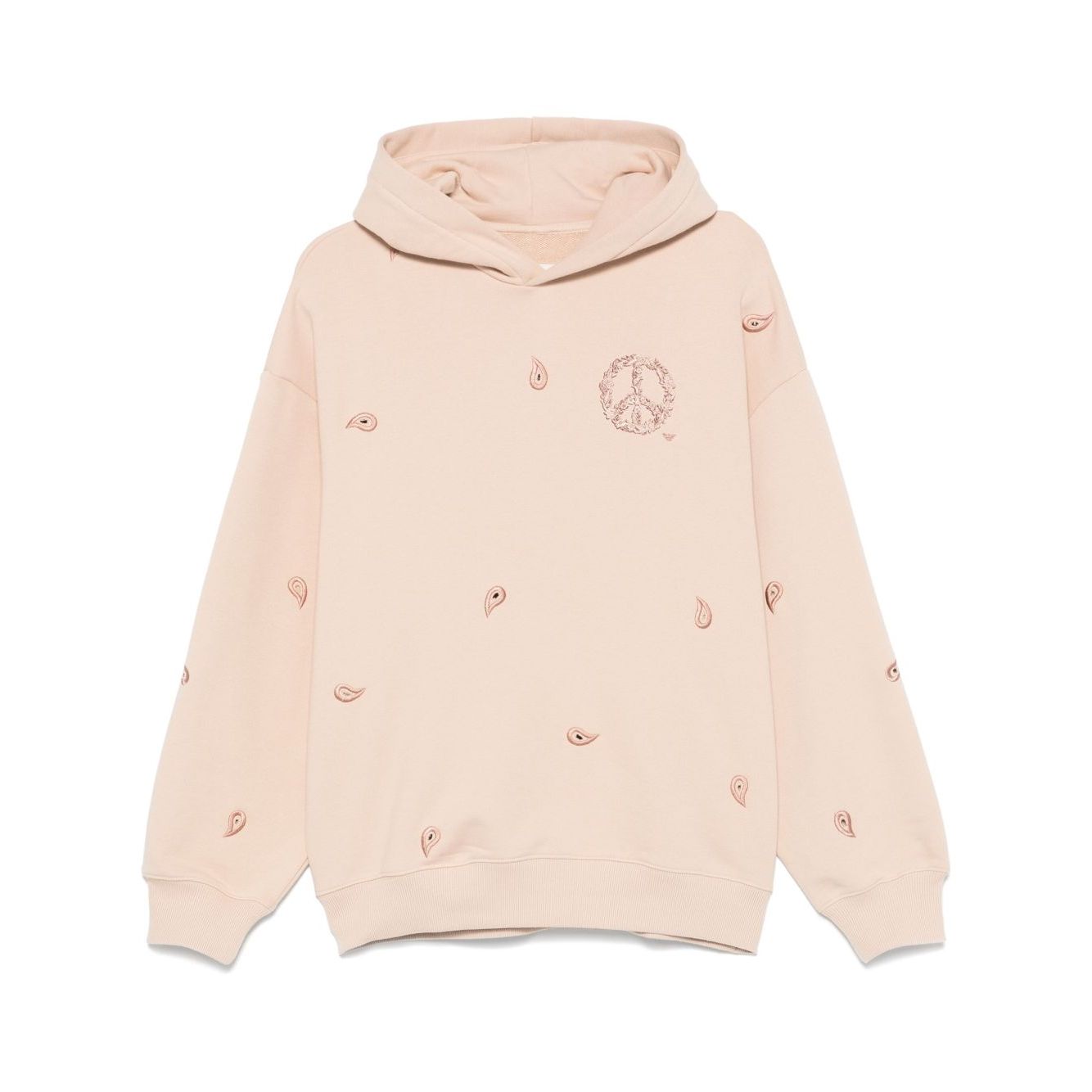 Emporio Armani Sweaters Powder blush pink organic cotton hoodie with ribbed cuffs and hem, logo, and drop shoulder design.