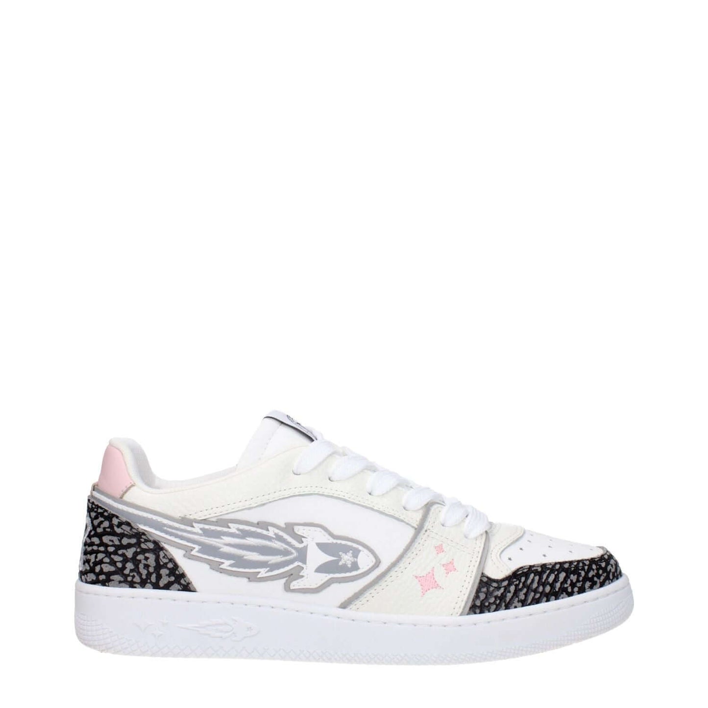 Enterprise Japan White Leather Athletic Sneakers with grey side detail, front logo, and lace-up closure for sporty glam style.