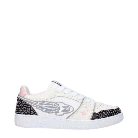 Enterprise Japan White Leather Athletic Sneakers with front logo and sporty glam design in white and grey, lace-up closure, round toe.