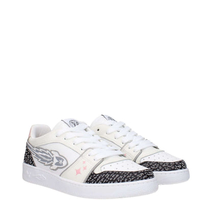 Enterprise Japan White Leather Athletic Sneakers with front logo, lace-up closure, and rubber sole, featuring stylish grey side details.