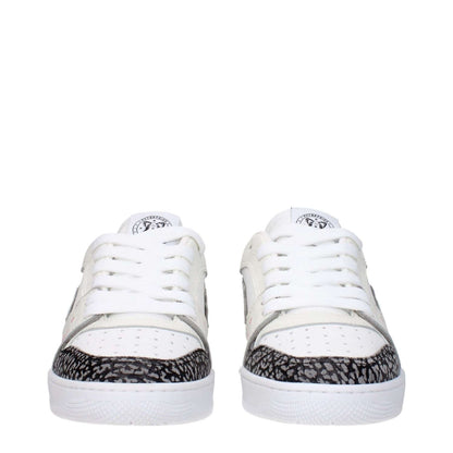 Enterprise Japan White Leather Athletic Sneakers with front logo and grey side detail, sporty glam lace-up design, low flat heel.