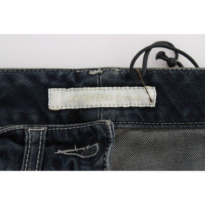 Close-up of Ermanno Scervino Blue Cotton Blend Slim Fit Jeans featuring Scervino Street label detail. Made in Italy.