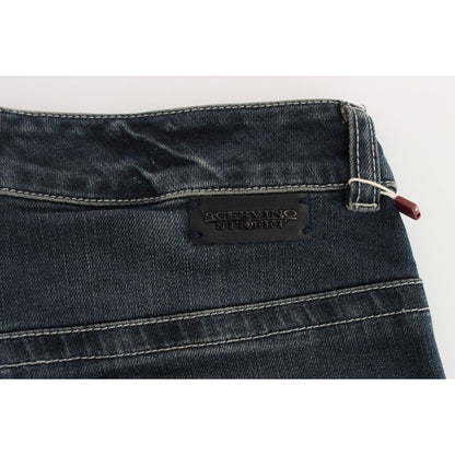 Ermanno Scervino Blue Cotton Blend Slim Fit Jeans detail with black logo patch, showcasing authentic Italian craftsmanship and quality stitching.