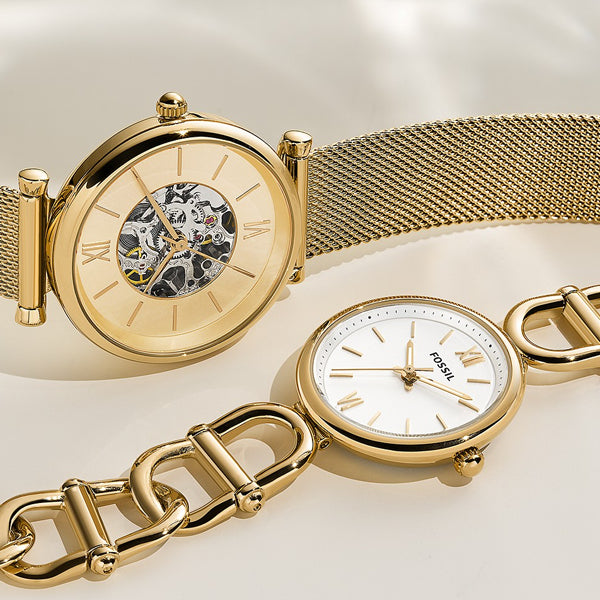 FOSSIL Mod. ES5272 ladies wristwatch, 30mm gold stainless steel, quartz movement, water resistant 5 ATM, shown with official packaging.