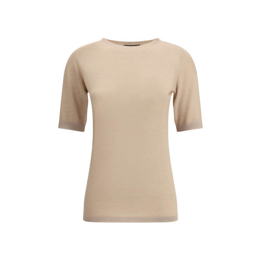 Fabiana Filippi Beige Cashmere T-Shirt with ribbed crew neck, luxury autumn-winter fashion made from 70% cashmere, 30% silk.