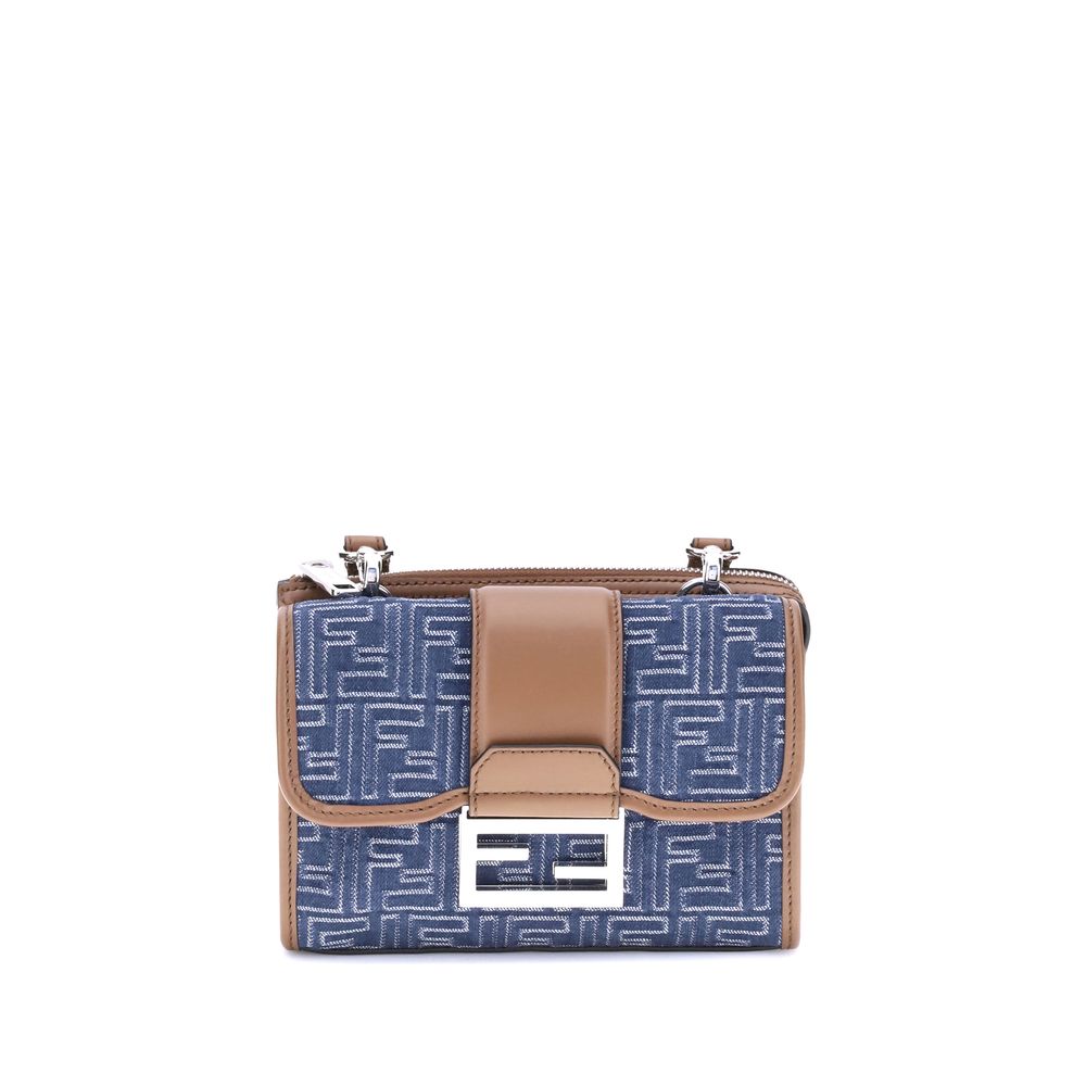 Fendi Baguette denim Shoulder Bag with FF Jacquard pattern and magnetic closure, featuring two compartments for functionality and style.