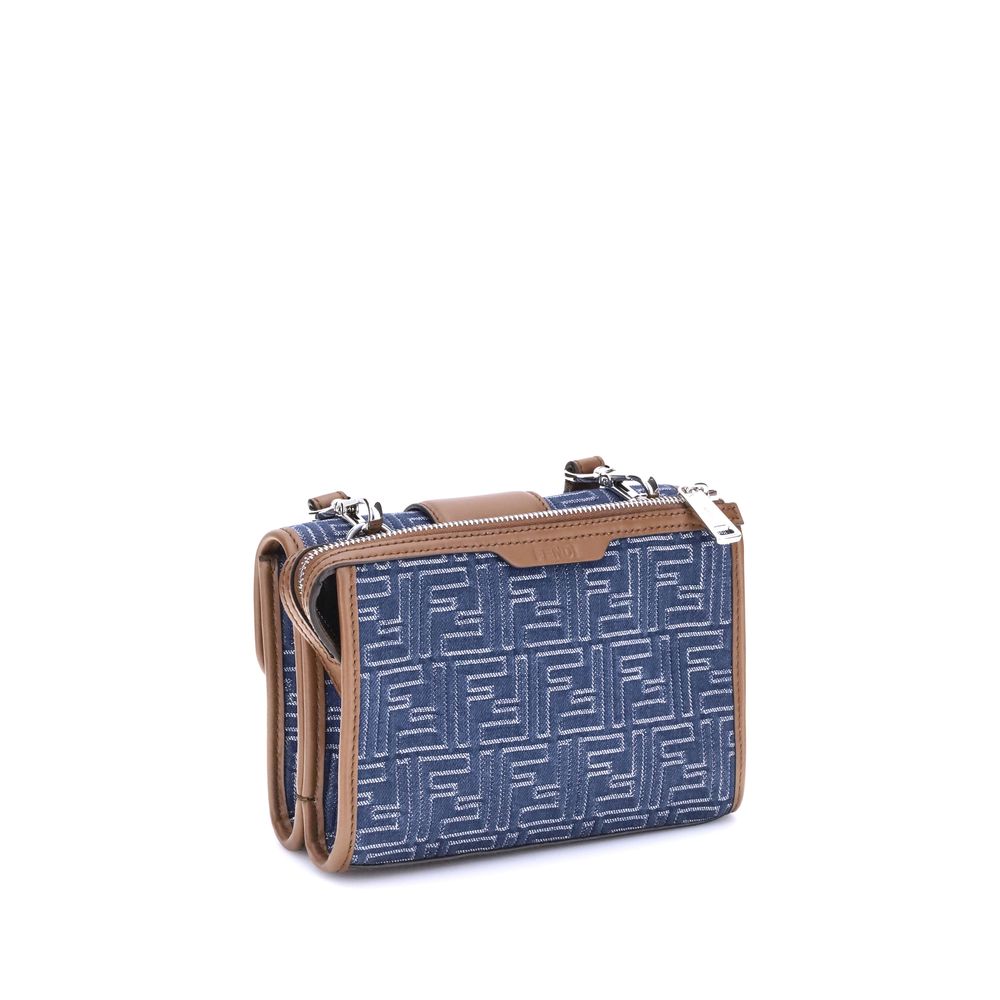 Fendi Baguette denim Shoulder Bag in denim-effect FF Jacquard, featuring dual compartments and adjustable strap hooks, stylish and practical.