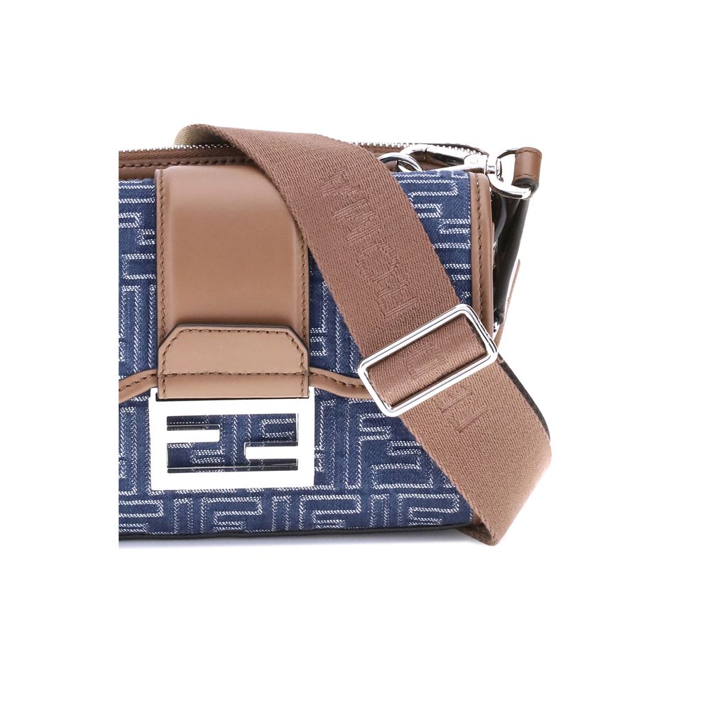 Fendi Baguette denim Shoulder Bag with FF jacquard pattern and brown strap, showing magnetic FF closure and adjustable strap hooks.
