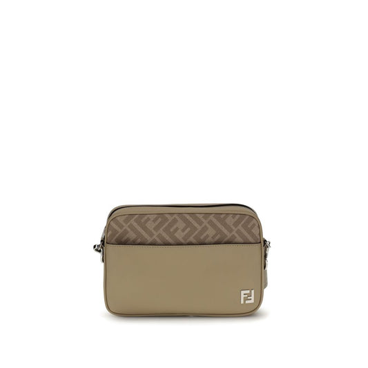 Fendi Beige Leather Shoulder Bag with FF canvas and metal appliqué, featuring an exterior pocket and zippered compartment.