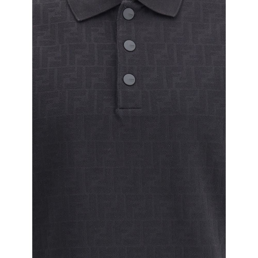 Fendi Black Cotton Polo Shirt with FF jacquard print, soft cotton fabric, ribbed collar, and tone-on-tone buttons, AW25 collection.