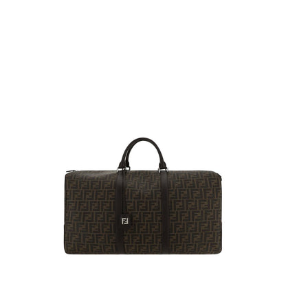 Fendi Brown Canvas Luggage And Travel with FF monogram, leather handles, and adjustable strap, ideal for Boston travel. AW25.