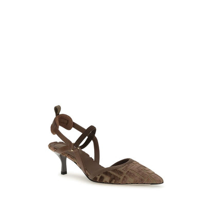 Fendi Brown Fabric Mid Heel Pumps with FF monogram, featuring slingback design, almond toe, and kitten heel.