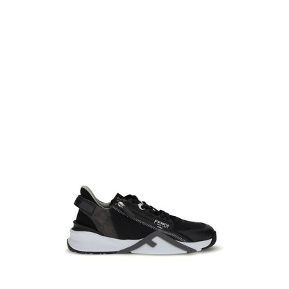 Fendi Gray Calf Leather Bos Taurus Athletic Sneakers with elastic laces, side zipper, and FF jacquard nylon design